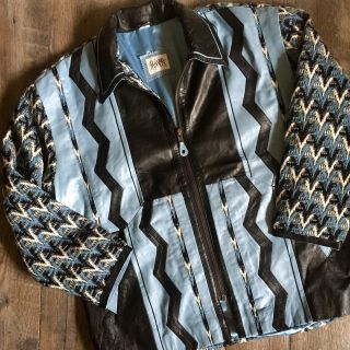 Blue And Black Leather Jacket Xl Manart Knit Sweater Zig - Zag Men’s Vtg