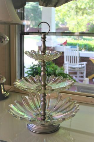 Vintage 1940 Three Tier Clear Iridescent Carnival Glass Candy Cookie Centerpiece