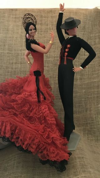 Vintage Marin Chiclana Flamenco Dancing Dolls 18” Latino Spanish Red Pair 1970’s