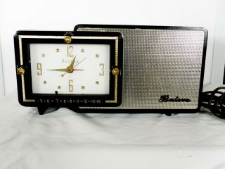 Vintage 1957 Bulova Black & Gold Clock Radio Tube Receiver Model 100