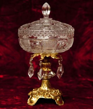 Vintage Cut Glass Lidded Compote Prisms Brass Pedestal Hollywood Regency