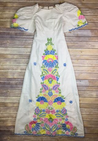 Vintage 60s Floral Lace Embroidery Gunne Sax Mexican Maxi Flare Dress Peasant Xs