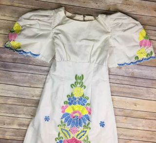 Vintage 60s Floral Lace Embroidery Gunne Sax Mexican Maxi Flare Dress Peasant XS 7