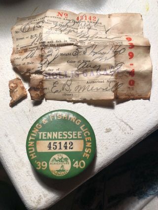 Vintage 1939 1940 Tennessee Hunting And Fishing License