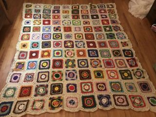 Vintage Handmade Crochet Granny Square Afghan Blanket Quilt Queen 90x80 Ivory