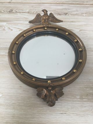 Vintage Round Convex Mirror With Ornate Gold Frame And Eagle Crest