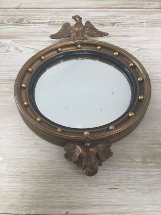 Vintage Round Convex Mirror With Ornate Gold Frame And Eagle Crest 2