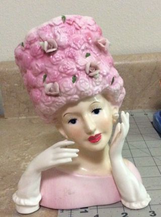 Vintage Lady Head Vase In Pink Applied Flowers