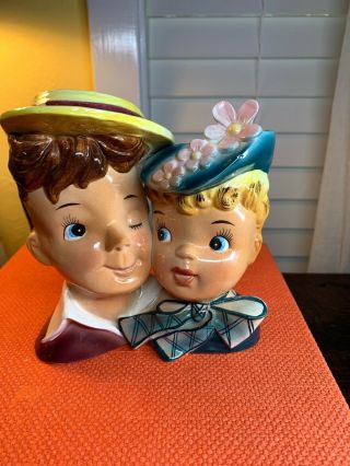 Rare Vintage Ucagco Ceramic Double Head Vase Headvase - Winking Man &girl In Hat