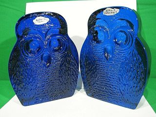 Vintage Art Glass Blenko Owl Bookends Mid Century Modern Cobalt Blue