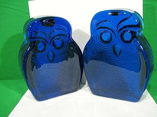 Vintage Art Glass Blenko Owl Bookends Mid Century Modern Cobalt Blue 4