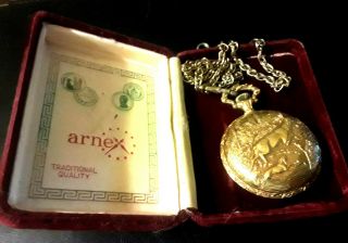 Vintage Arnex Pocket Watch 17 Jewel Incabloc Swiss Deer Hunter Case w/Fob Case 2