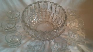 Vintage Cut Glass Punch Bowl 10 Inch With 8 Cups Solid Glass Bowl
