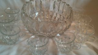 Vintage Cut Glass Punch Bowl 10 Inch with 8 Cups Solid Glass Bowl 2