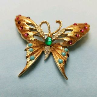 Vintage Rare Panetta Butterfly Brooch Pin Faux Turquoise Red Rhinestones Scb822