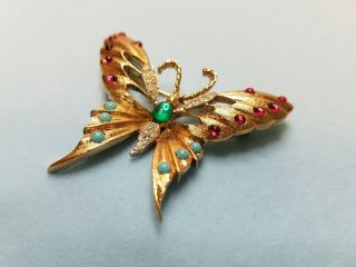 Vintage RARE PANETTA BUTTERFLY BROOCH PIN Faux Turquoise Red Rhinestones scb822 2