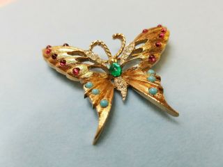 Vintage RARE PANETTA BUTTERFLY BROOCH PIN Faux Turquoise Red Rhinestones scb822 3