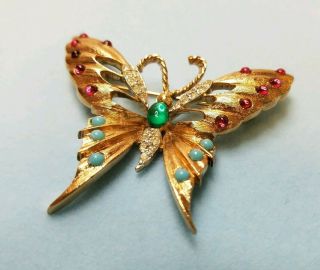 Vintage RARE PANETTA BUTTERFLY BROOCH PIN Faux Turquoise Red Rhinestones scb822 5