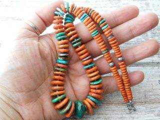 Vtg Old Pawn Sterling Silver Turquoise Orange Spiny Oyster Navajo Bead Necklace