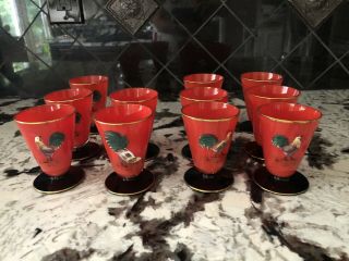 Vintage Hand Painted Rooster Cocktail Cordial Juice Glasses Black Red Set Of 11