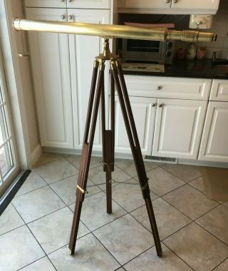 Vintage Brass Telescope With Wood Tripod Stand Vintage Nautical Decorative