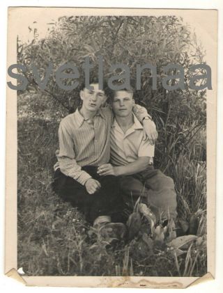 1950s Two Best Friends Couple Guys Smoking Young Men Hugging Gay Vintage Photo