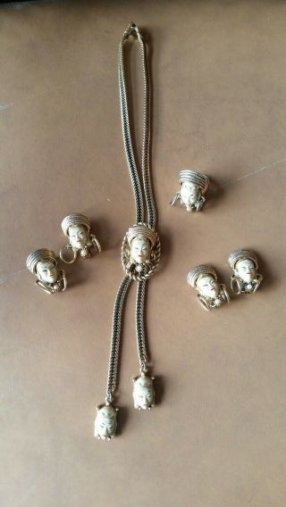 Rare Vintage Selro Asian Princess Face Bolo Necklace,  Clipon Earring Pins & Ring