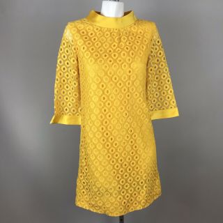Vtg 60s Womens Yellow Lace Circle 3/4 Sleeve Gogo Mid Mini Dress Small Hippie