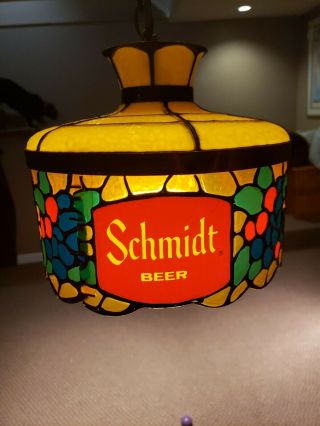 Vintage Schmidts Beer Hanging Stained Glass Light 1960’s 8 X7 ” Swag Light