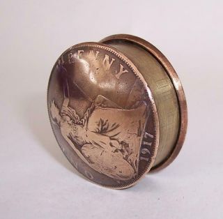 Vintage Trench Art Pocket Snuff Pot Box Ww1 Domed 1917 British Penny