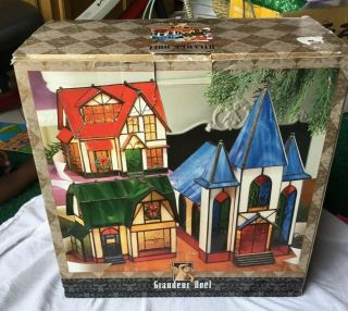 Vintage Grandeur Noel Village 3 Piece Illuminated Stained Glass Village Set
