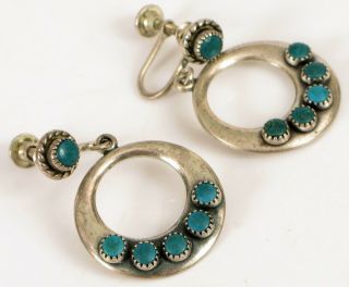 Vintage Native American Sterling Silver Green Turquoise Earrings Dangle Hoops