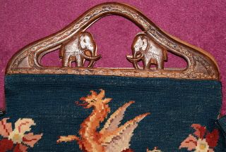 Vintage Tapestry Purse Hand Bag Carved Wood Handles Elephants Dragon Initials