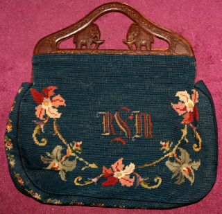 Vintage Tapestry Purse Hand Bag Carved Wood Handles Elephants Dragon Initials 2