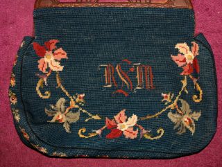 Vintage Tapestry Purse Hand Bag Carved Wood Handles Elephants Dragon Initials 3