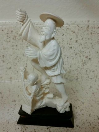 Antique Vintage Bovine Bone Carved Asian Chinese Statue Man Fishing With A Boy
