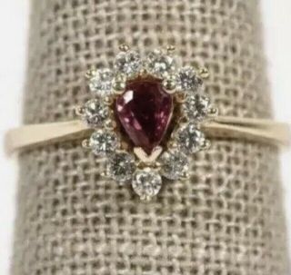 14k White Gold Vintage Ring Pear Shaped Ruby & Round Diamonds - Size 7.  5 Estate