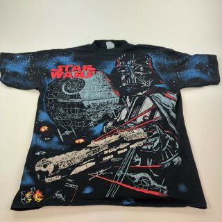 Vintage Star Wars T - Shirt Mens Xl Black All Over Print Darth Vader Single Stitch