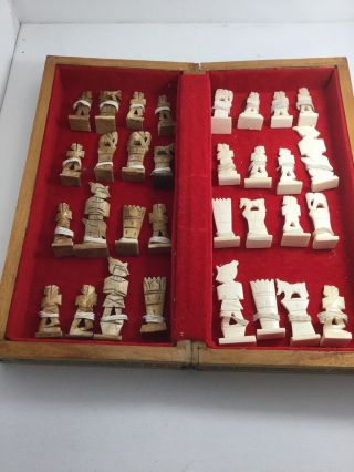 Vintage Complete Handcarved Bone Chess Set In Inlaid Folding Board Box