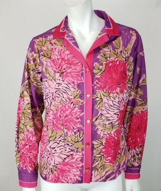 Vintage Vera Neumann Blouse 14 Purple Pink Floral Button Up Shirt Top