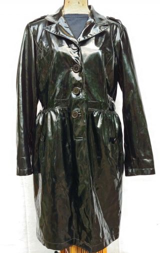 Vtg Bagatelle Xl Shiny Black Pvc Vinyl Raincoat Jacket Slicker Patent Trenchcoat