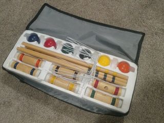 Vintage 6 Player Wood Croquet Set & Wheeled Cart Stand With Carry - On Bag