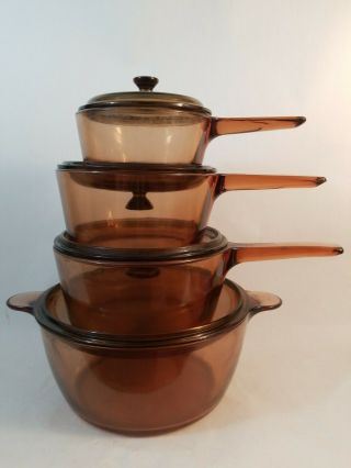 Vision Corning Ware Pyrex Brown Amber Cookware Glass Pot Pan 8pc Set France Vtg