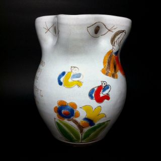 Vintage Mid Century Modern DeSimone Art Pottery Floral Bird Pitcher Jug Italy 3