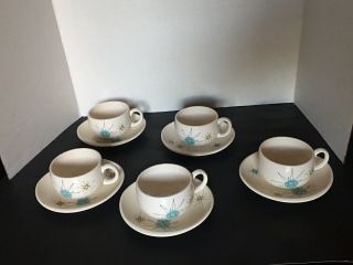 Vintage Mcm Franciscan Atomic Starburst Coffee 5 Cup And Saucer Set Mid Century