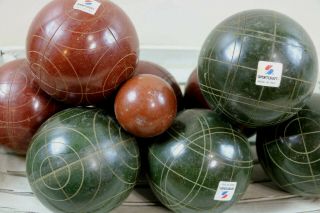 Vintage Old Sportcraft Bocce Ball Set Red & Green Balls,  Jack Lawn Bowling 4