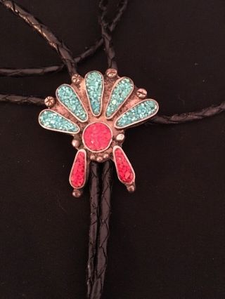 Vintage Old Pawn Native American Sterling Turquoise Coral Bolo Tie.  Bennett