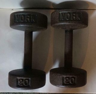 Vintage York Cast Iron Set Dumbbells Pair 20 Lb Weights Round Head Rare Logo