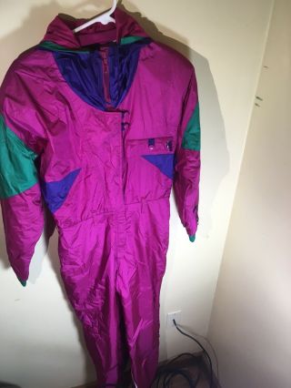 Vtg 80s 90s Neon Serac Womens Large Ski Suit One Piece Snow Bib Snowsuit L 12