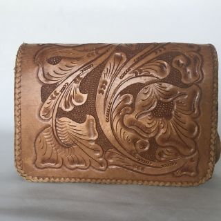 Leather Purse Handbag Shoulder Bag Hand Tooled Strap Vintage Flaws